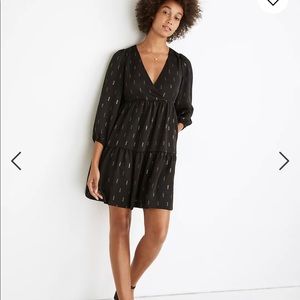 Madewell metallic jacquard tiered black and gold dress, size L, NWT